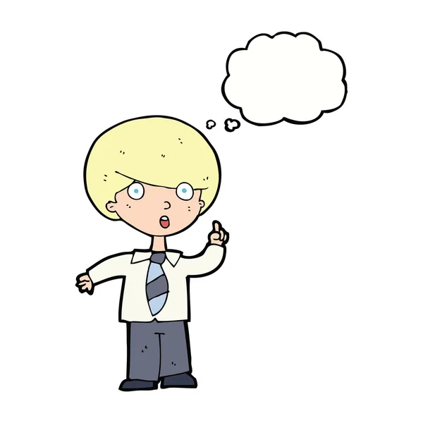 Karikatura školní chlapec odpovědi na otázku s myšlenkovou bublinou — Stockový vektor