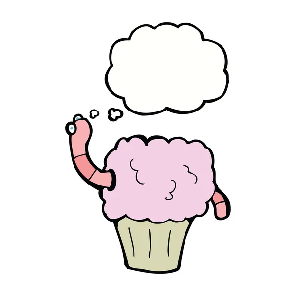 Gusano de dibujos animados en cupcake con burbuja de pensamiento — Vector de stock