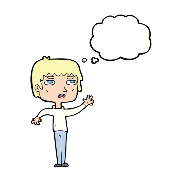 Desenho animado menino infeliz acenando com bolha de pensamento — Vetor de Stock