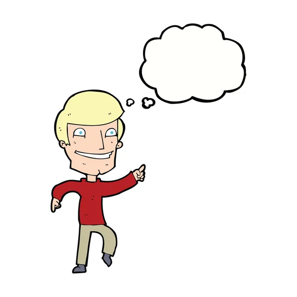 Cartoon gelukkig man wijzend met gedachte zeepbel — Stockvector