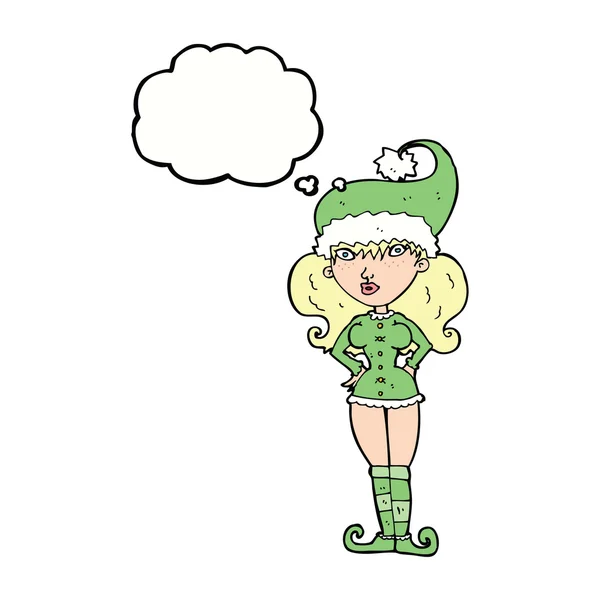 Cartoon santa's helper woman with thought bubble — Stock Vector