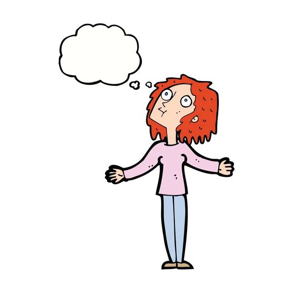 Cartoon curious woman looking upwards with thought bubble — Stock Vector