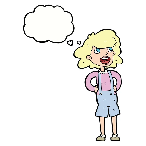 Karikatur einer Frau in Latzhose mit Gedankenblase — Stockvektor