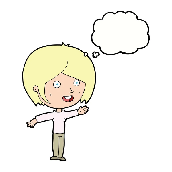 Karikatur glückliches Mädchen winkt mit Gedankenblase — Stockvektor