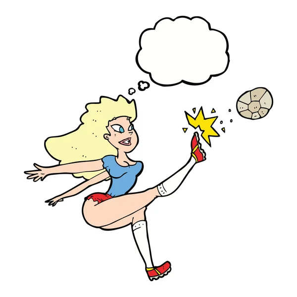 Cartoon vrouwelijke voetballer schoppen bal met gedachte zeepbel — Stockvector