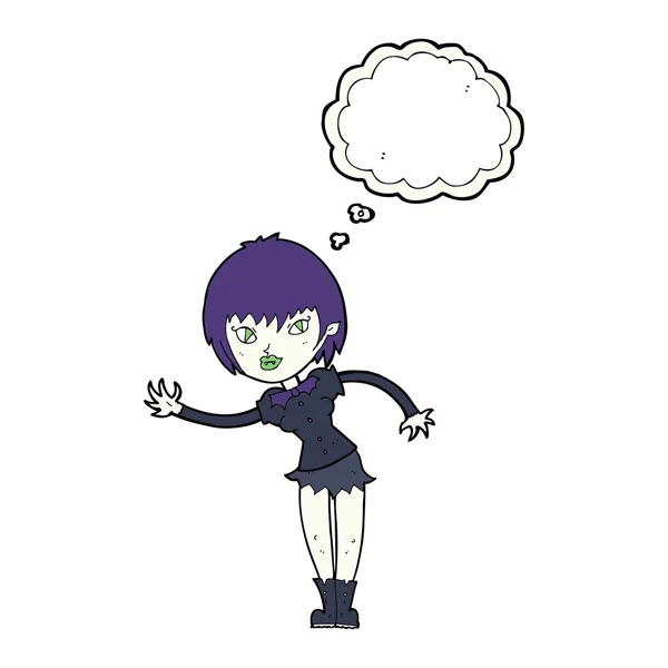 Desenho animado vampiro menina dando boas-vindas com bolha pensamento — Vetor de Stock