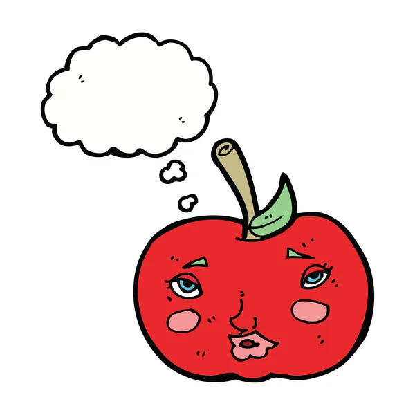 Manzana de dibujos animados con la cara con burbuja de pensamiento — Vector de stock