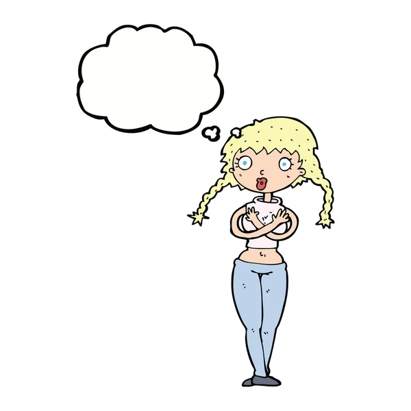Dibujos animados ofendida mujer cubriéndose con burbuja de pensamiento — Archivo Imágenes Vectoriales