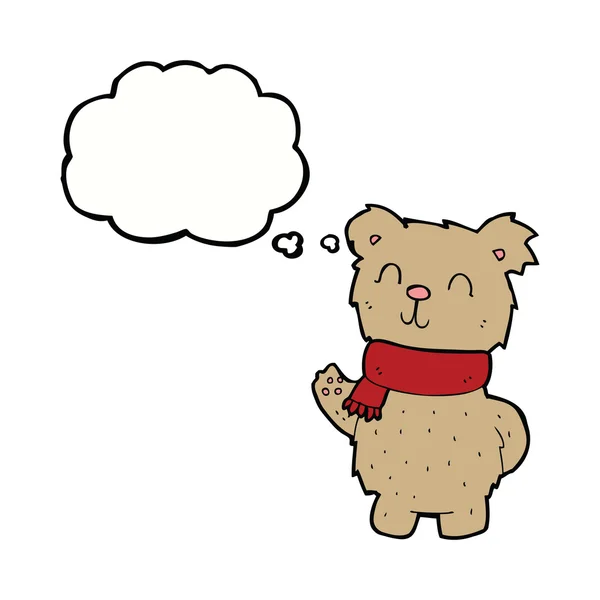 Urso de pelúcia acenando desenhos animados com bolha pensamento — Vetor de Stock