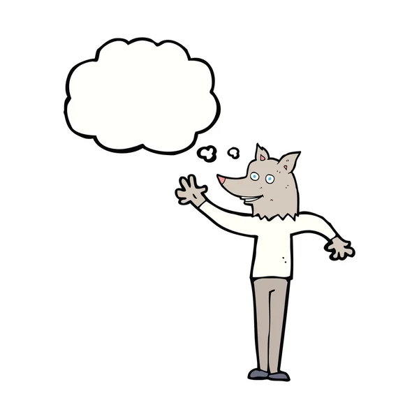 Dibujos animados hombre lobo ondeante con burbuja de pensamiento — Archivo Imágenes Vectoriales
