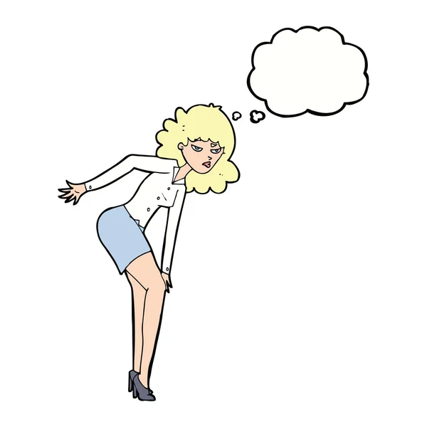 Cartone animato infastidito donna strofinando ginocchio con bolla di pensiero — Vettoriale Stock