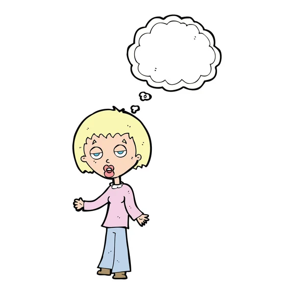 Kreslený unavená žena s myšlenkou bublina — Stockový vektor