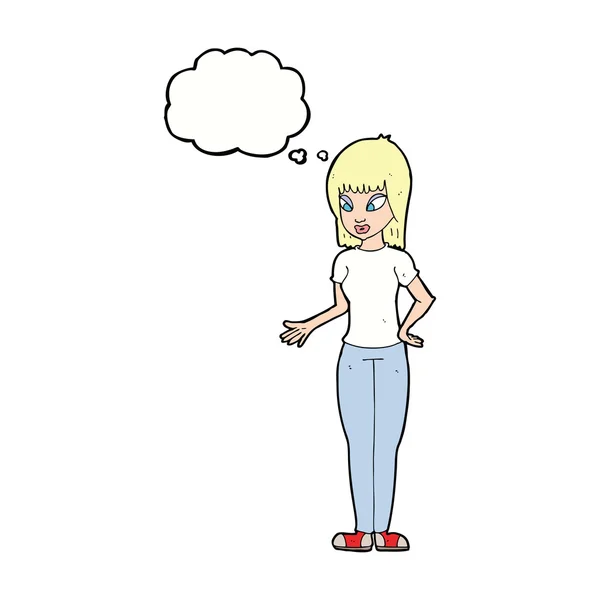 Femme dessin animé expliquant avec bulle de pensée — Image vectorielle