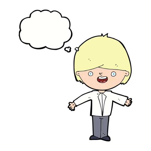 Karikatur glücklicher Junge mit offenen Armen und Gedankenblase — Stockvektor