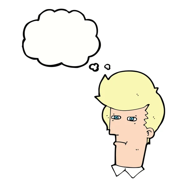 Hombre de dibujos animados estrechando los ojos con burbuja de pensamiento — Vector de stock