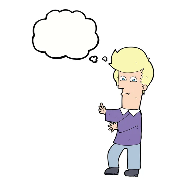 Hombre de dibujos animados gesto salvajemente con burbuja de pensamiento — Vector de stock