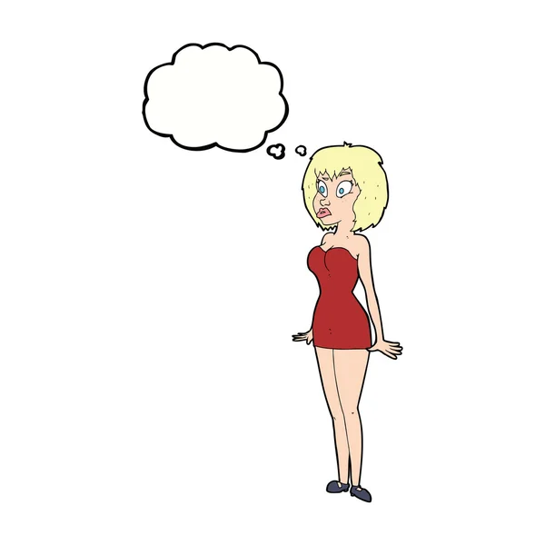 Desenho animado mulher surpreso em vestido curto com bolha de pensamento — Vetor de Stock