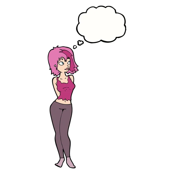 Dibujos animados chica atractiva con burbuja de pensamiento — Vector de stock