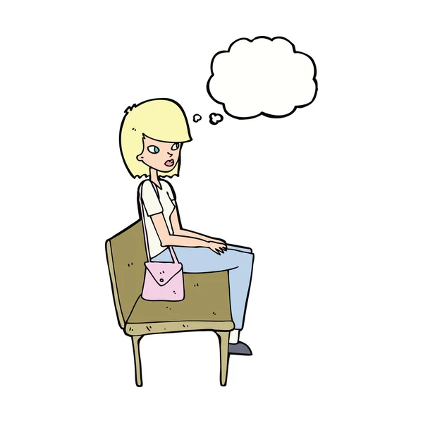 Kreslená žena sedí na lavičce s myšlenkovou bublinou — Stockový vektor