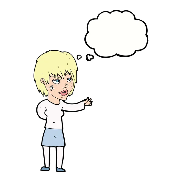 Mujer de dibujos animados con yeso pegado en la cara con burbuja de pensamiento — Vector de stock