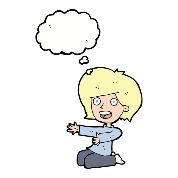 Cartone animato donna scioccata in ginocchio con bolla di pensiero — Vettoriale Stock