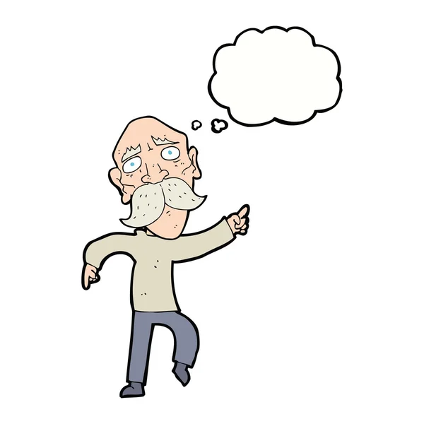 Cartoon sad old man pointing with thought bubble — Stock Vector