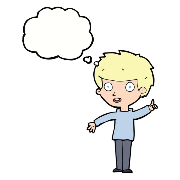 Cartone animato ragazzo con idea con bolla di pensiero — Vettoriale Stock
