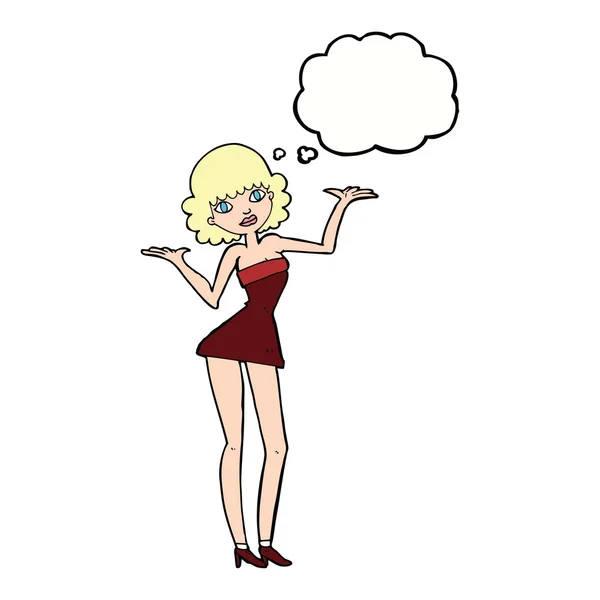 Mujer de dibujos animados en vestido de cóctel con burbuja de pensamiento — Vector de stock