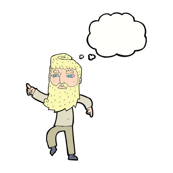 Dessin animé barbu homme pointant la voie avec bulle de pensée — Image vectorielle