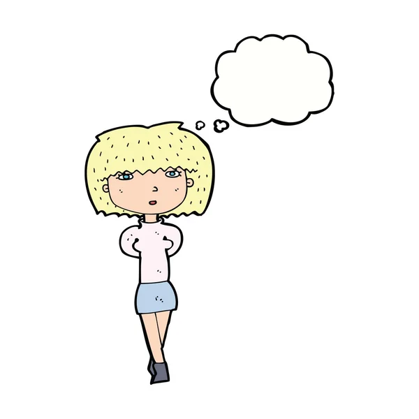 Dessin animé femme timide avec bulle de pensée — Image vectorielle