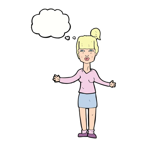 Cartoon woman shrugging shoulders with thought bubble — Stock Vector