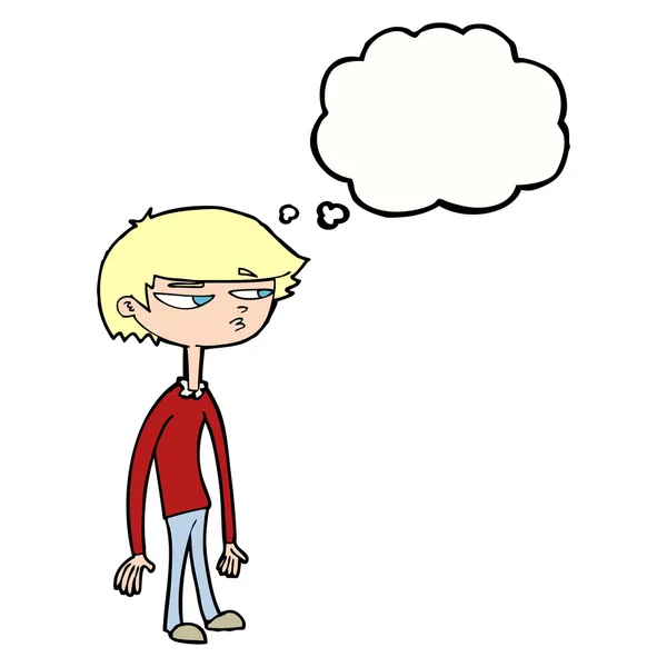 Cartone animato ragazzo sospetto con bolla di pensiero — Vettoriale Stock