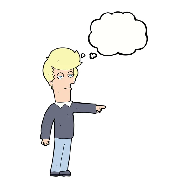 Dibujos animados apuntando hombre con burbuja de pensamiento — Vector de stock