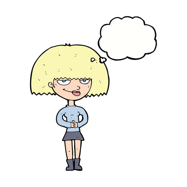 Cartoon sluwe vrouw met gedachte zeepbel — Stockvector