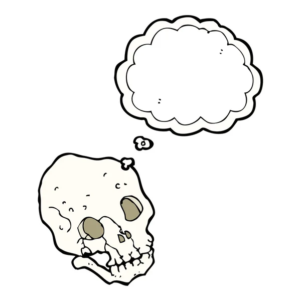 Cartoon griezelige schedel met gedachte zeepbel — Stockvector