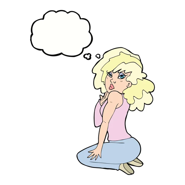 Mujer de dibujos animados posando con burbuja de pensamiento — Vector de stock