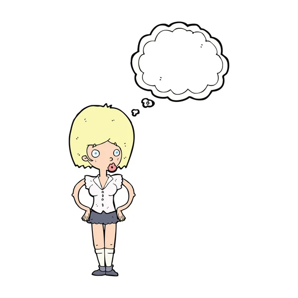 Cartoon Frau mit Händen auf Hüften mit Gedankenblase — Stockvektor