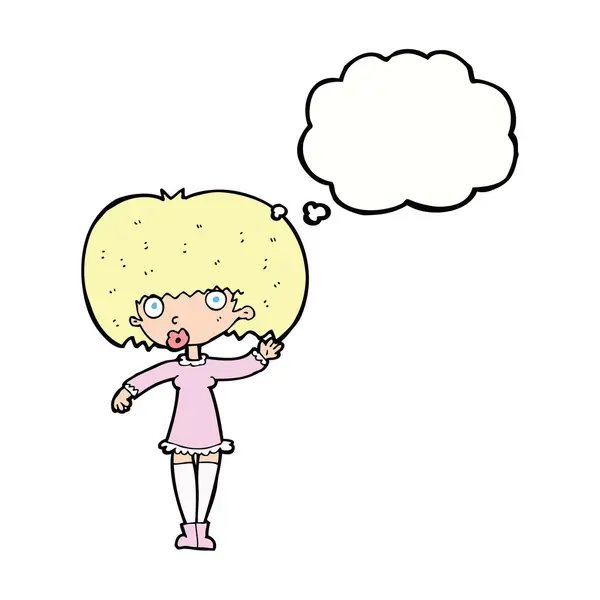 Karikatur winkendes Mädchen mit Gedankenblase — Stockvektor
