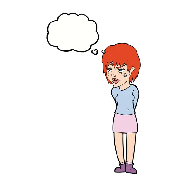 Cartoon vrouw met gips op gezicht met gedachte zeepbel — Stockvector