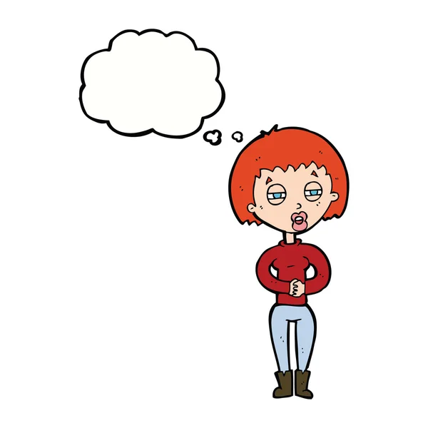 Dessin animé femme fatiguée avec bulle de pensée — Image vectorielle