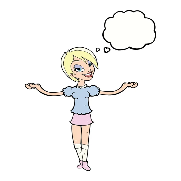 Cartoon woman making open arm gesture with thought bubble — Stock Vector