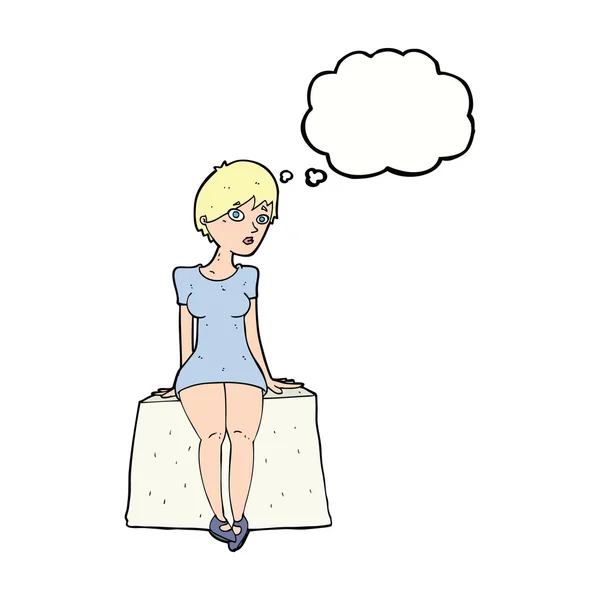 Dessin animé femme curieuse assis avec bulle de pensée — Image vectorielle