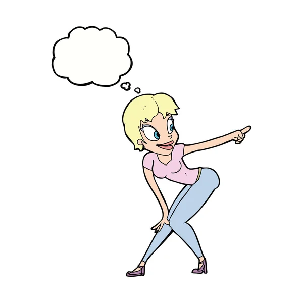 Cartone animato bella donna che punta con bolla di pensiero — Vettoriale Stock