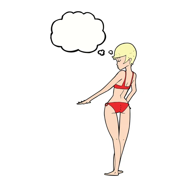 Bikini de dibujos animados mujer con burbuja de pensamiento — Vector de stock