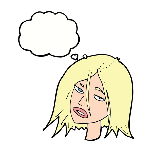 Cartoon irritado mulher com bolha pensamento — Vetor de Stock