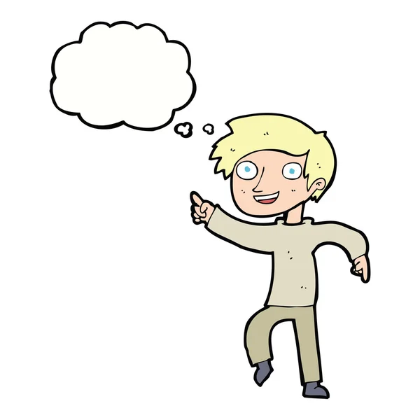 Dibujos animados niño feliz señalando con burbuja de pensamiento — Vector de stock