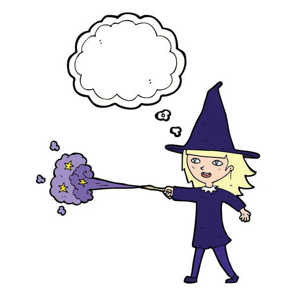 Cartoon witch girl casting spell with thought bubble — Stock Vector