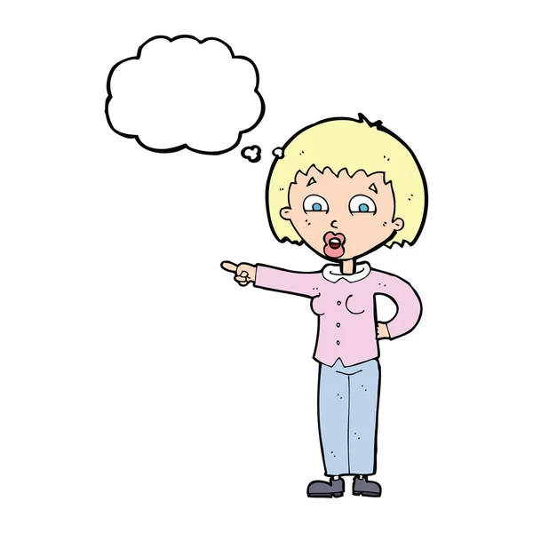 Dessin animé pointant femme avec bulle de pensée — Image vectorielle