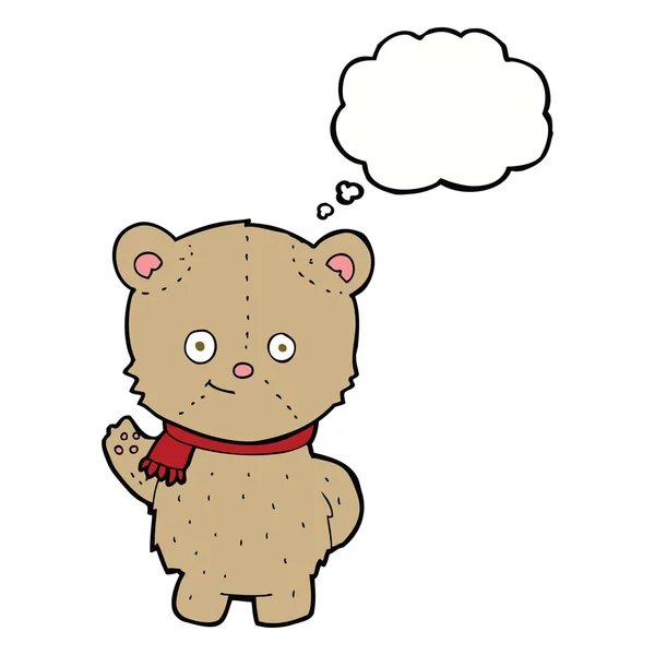 Cartoon zwaaien teddybeer met gedachte zeepbel — Stockvector