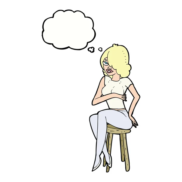 Dessin animé femme assise sur tabouret de bar avec bulle de pensée — Image vectorielle